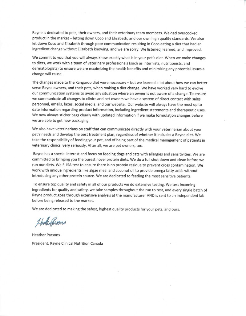 letter to Elizabeth Goldenberg from Heather Parsons, president of Rayne Clinical Nutrition Canada